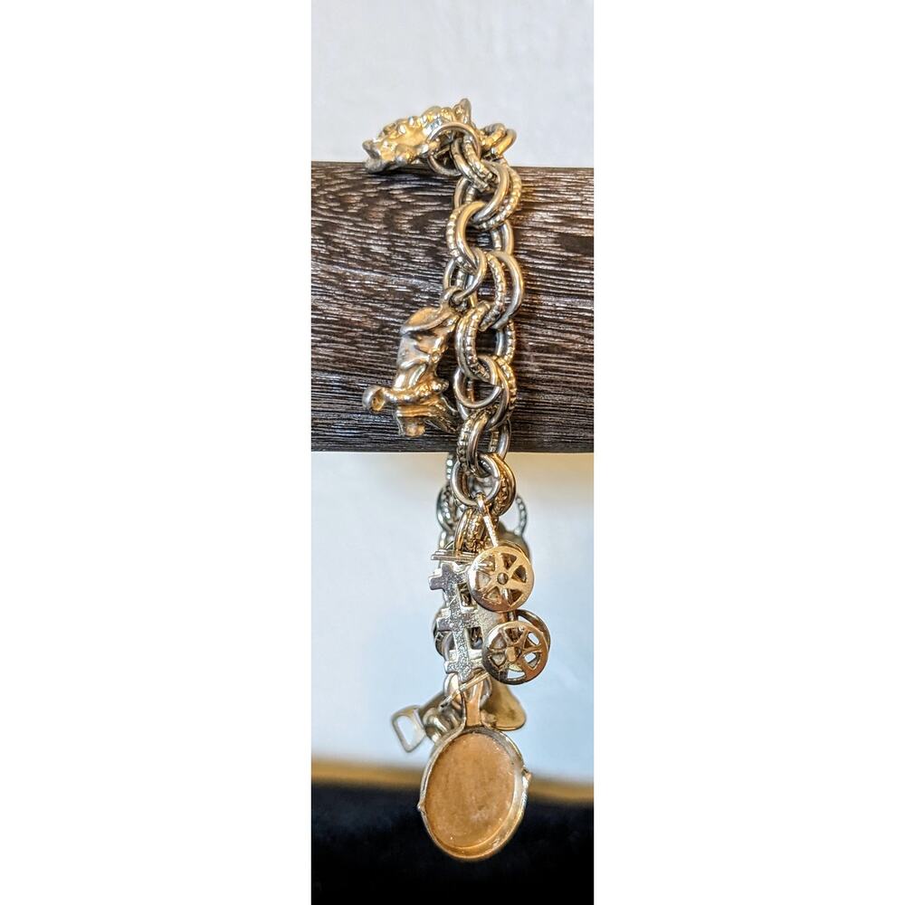 1930 Vintage Silver Plated Western Cowboy 3D Charm Bracelet W/ Foldover Clasp